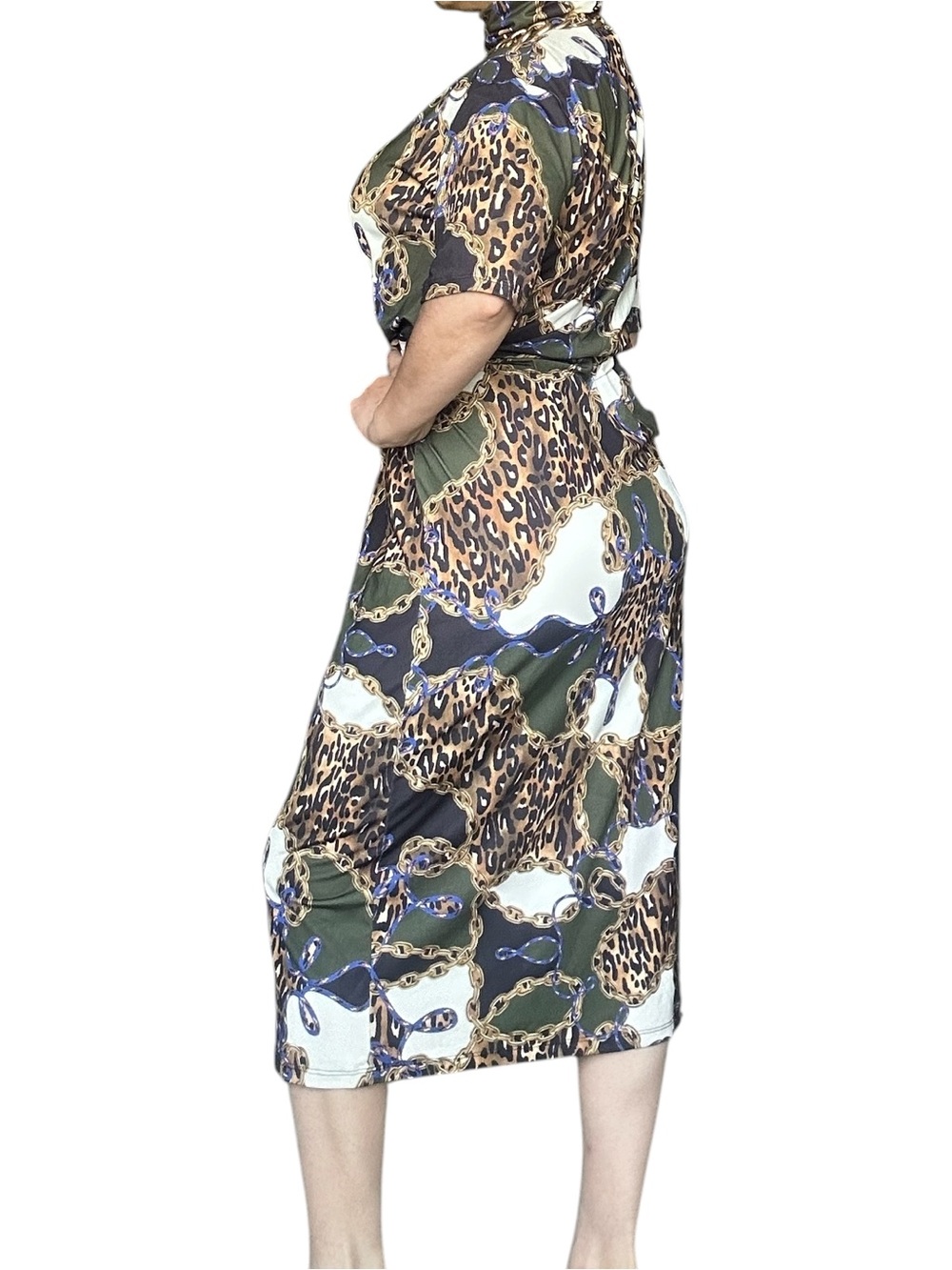 Zara Green/Black/White Leopard-Print Short-Sleeve Midi Dress NWT Medium - Picture 5 of 11